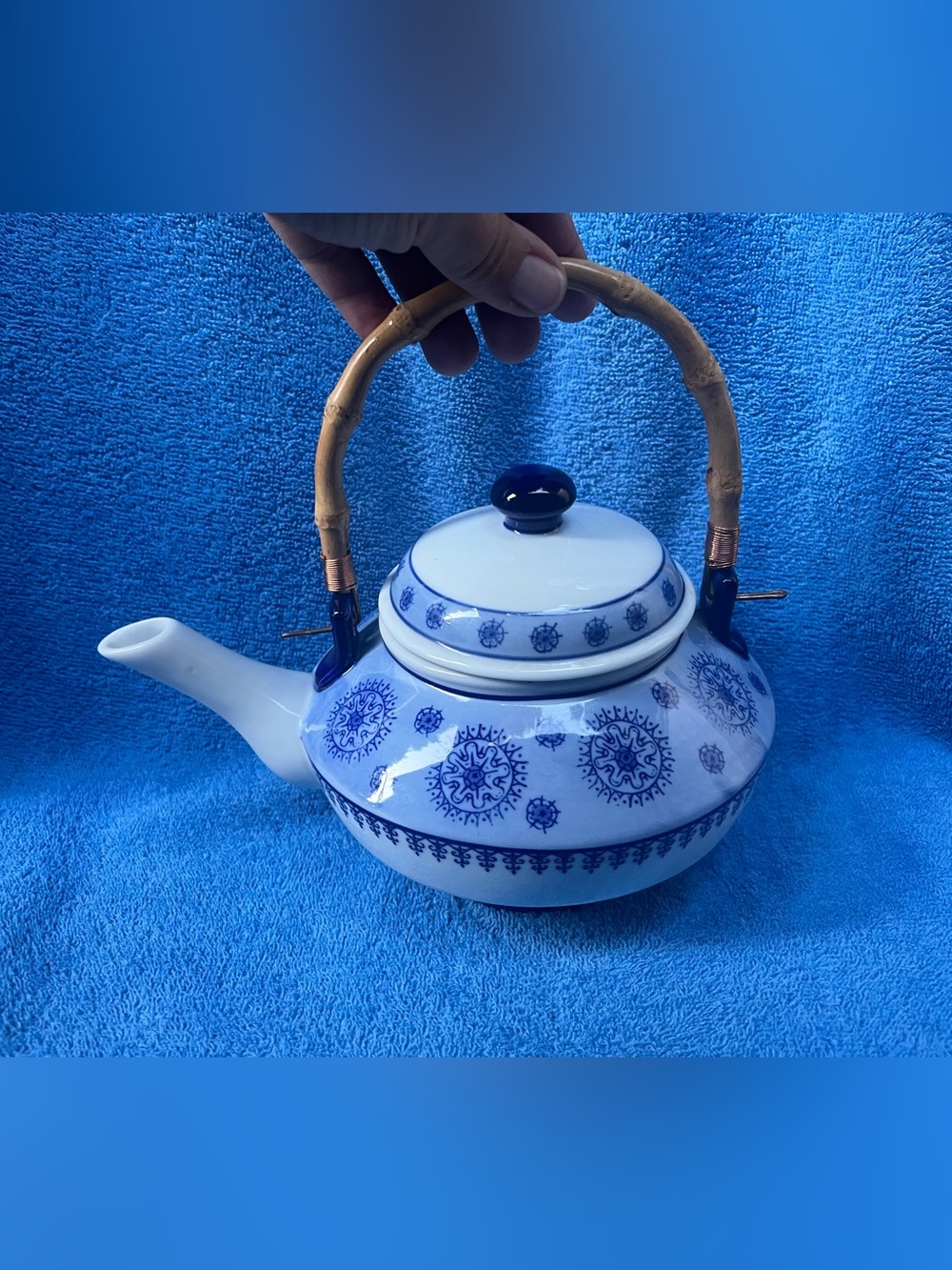 Blue and White Ceramic Teapot with Bamboo Handle - Classic Home Kitchen